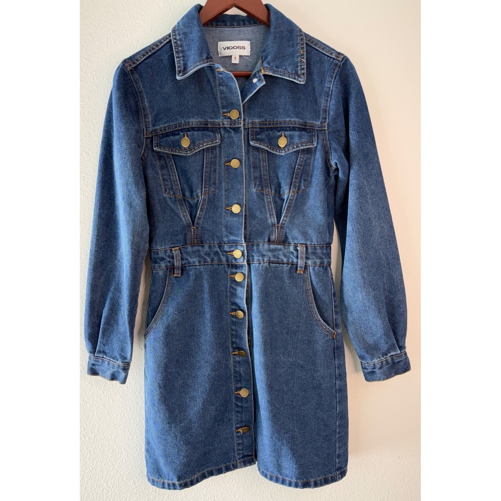 Vigoss Darkwash Denim Button Front Longsleeve Mini Dress Casual Western Small